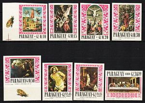 Парагвай, 1967, Пасха, Религиозная живопись, Надпечатка ОБРАЗЕЦ, 8 марок без зубцов